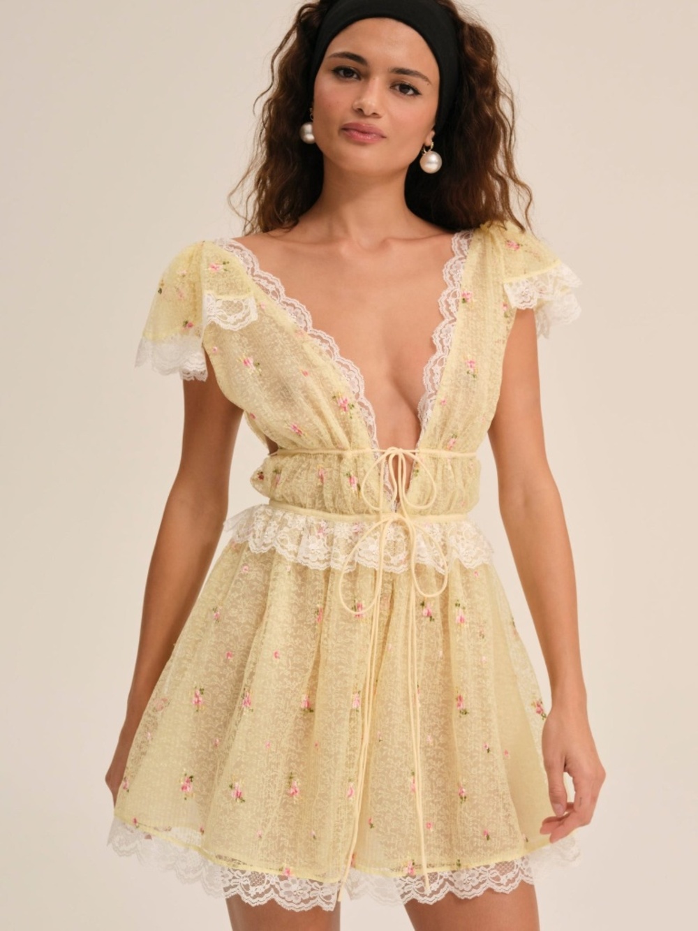 For Love & Lemons Poppy Lace Mini Dress XS / Yellow